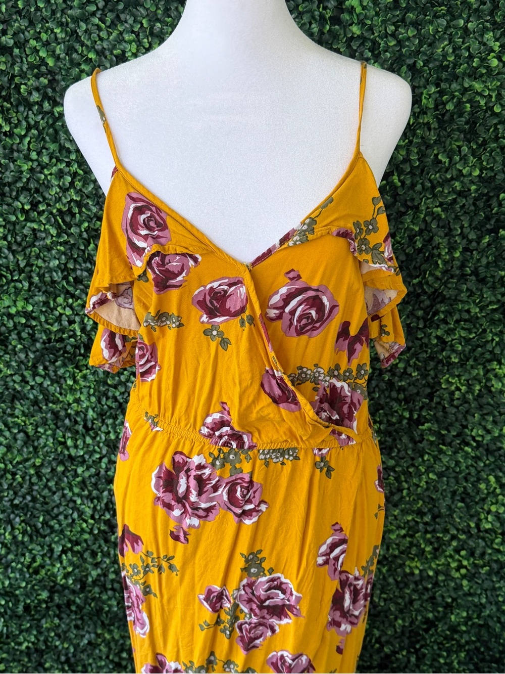 Draped Off-Shoulder Floral Dress in Mustard with Rose Print